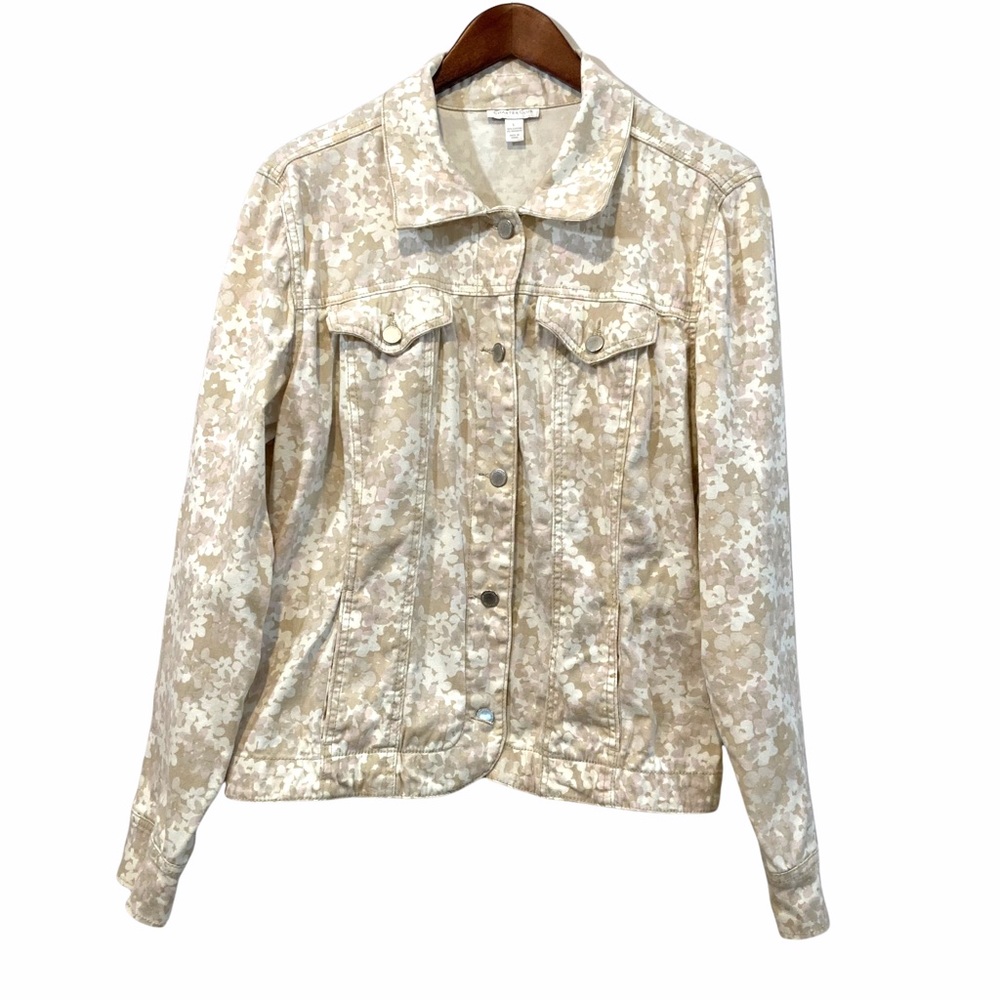 CHARTER CLUB FLORAL BUTTON FRONT DENIM JACKET IN TAN, WHITE AND BLUSH SIZE LARGE
